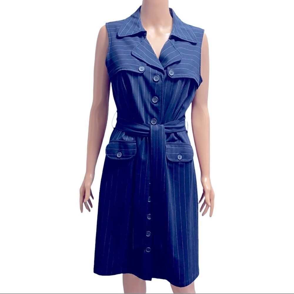 WD.NY Navy Pinstripe Button Down Sleeveless Belted Dress Size 10
